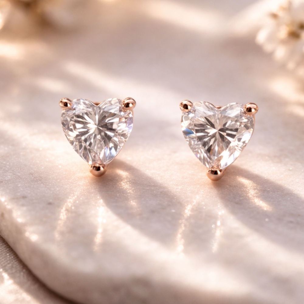NEW GRA Certified .96CT Moissanite Heart Stud Sterling Earrings Dipped Rose Gold
